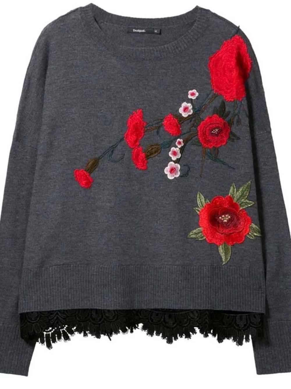 Desigual Gray Sweater with Red Floral Appliqué and Black Lace Hem